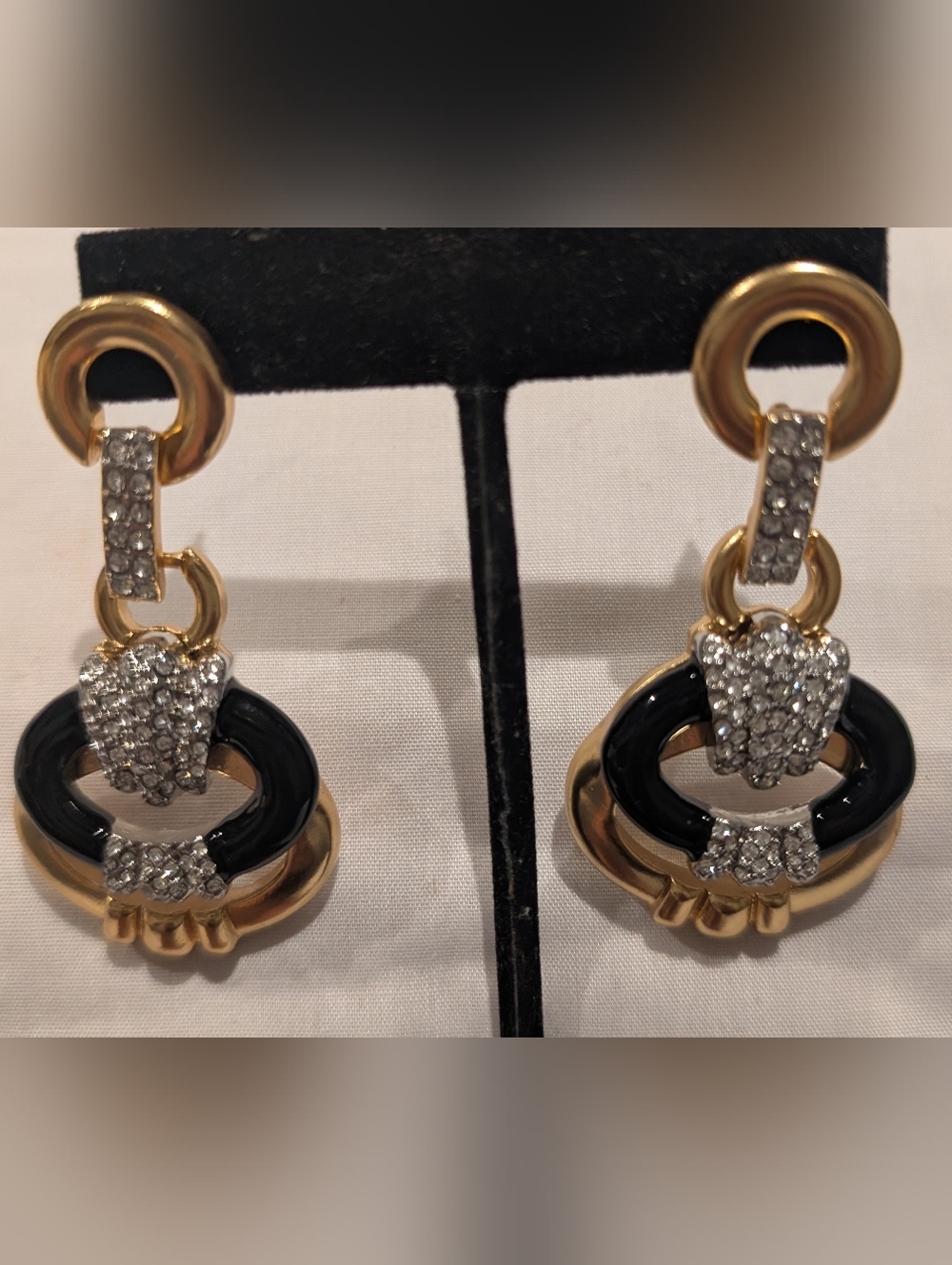 Catwalk Jon Gold-Tone Drop Earrings with Black Enamel Rings and Crystal Accents